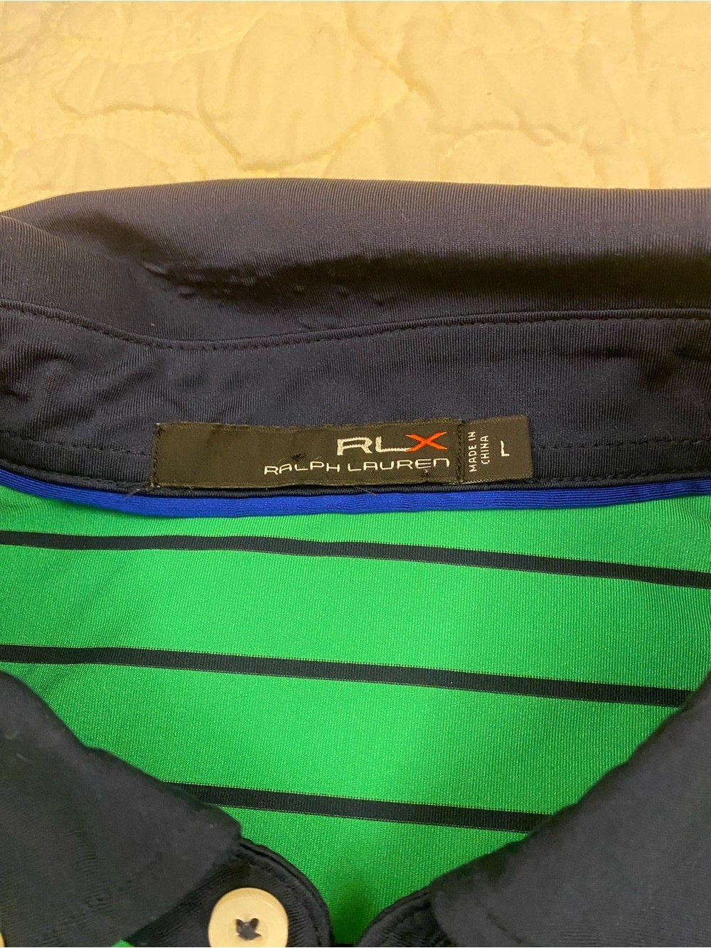 RLX Ralph Lauren Navy Collar Green & Navy Striped Polo